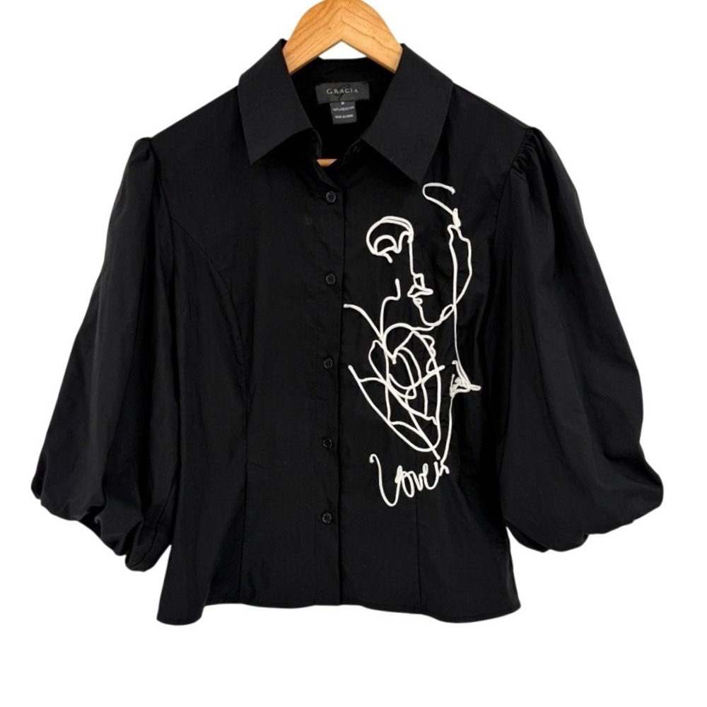 Gracia Womens Medium Blouse Black Puff Sleeve Face Line Art‎ Embroidery Artistic